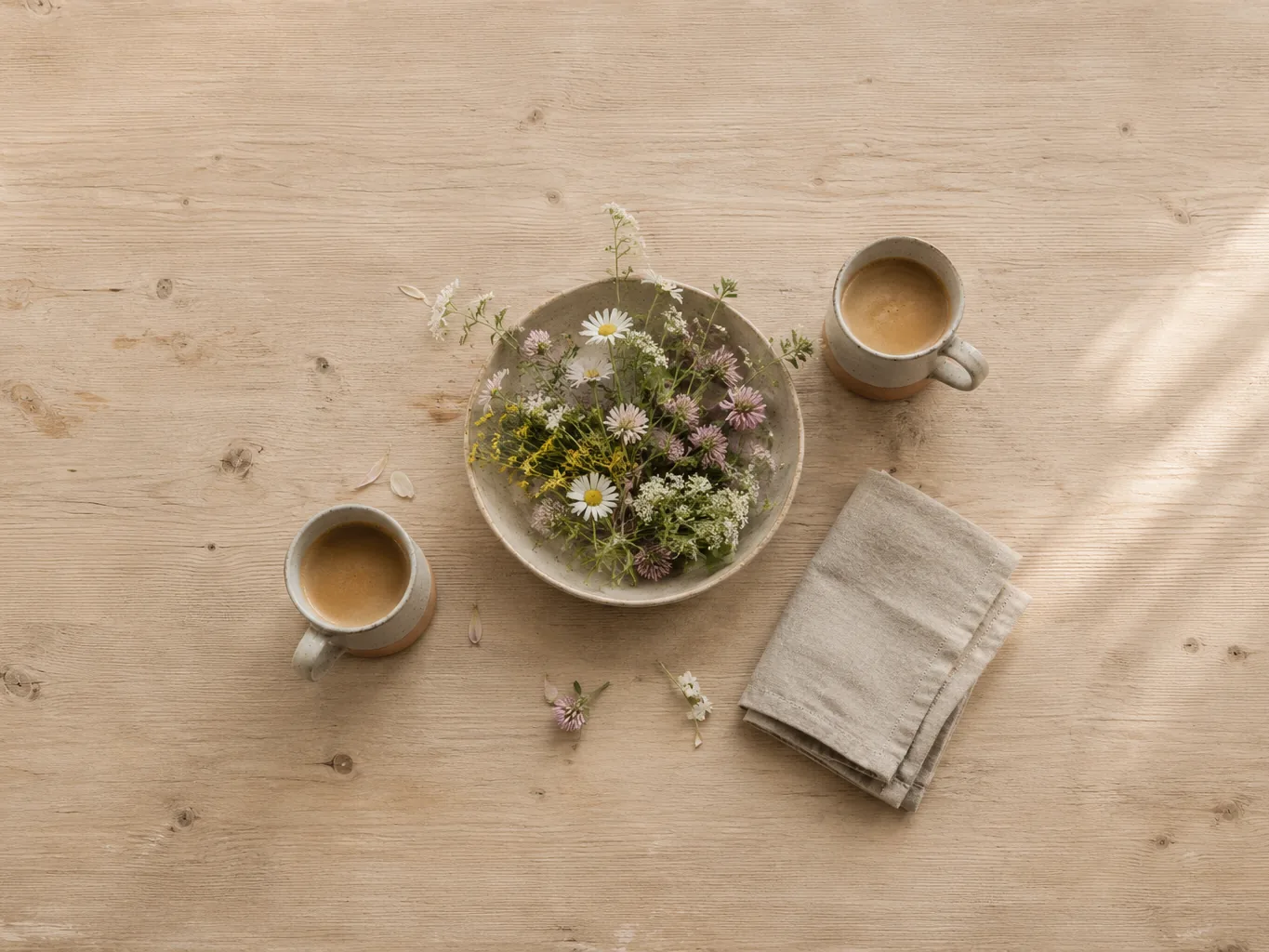 Holztisch von oben, mit einer Schale Wiesenblumen und zwei Tassen