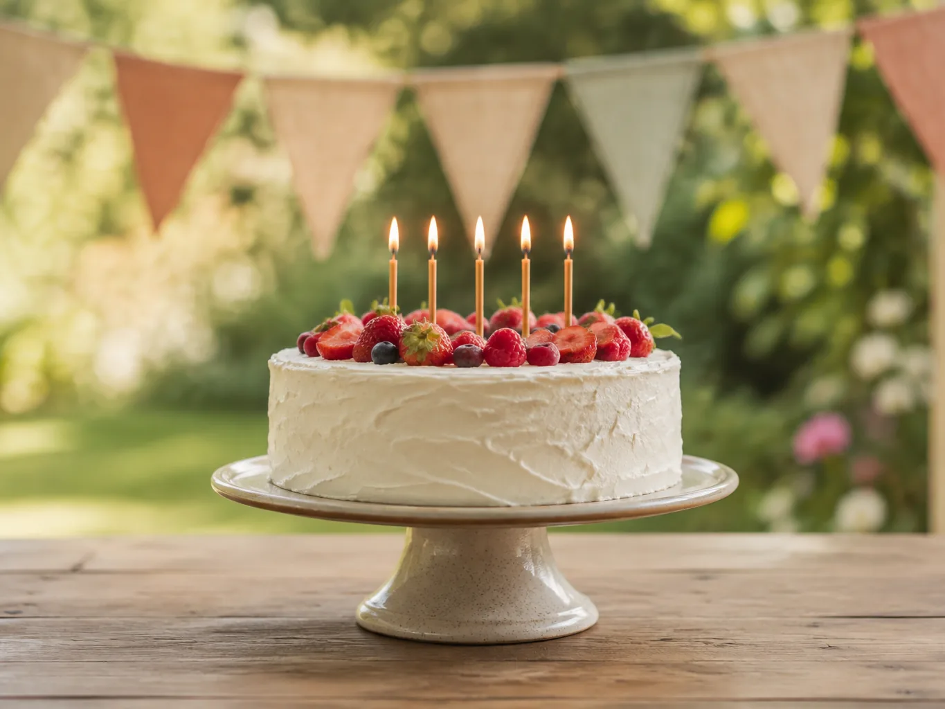 Torte mit Beeren und brennenden Kerzen, dahinter eine Wimpelkette