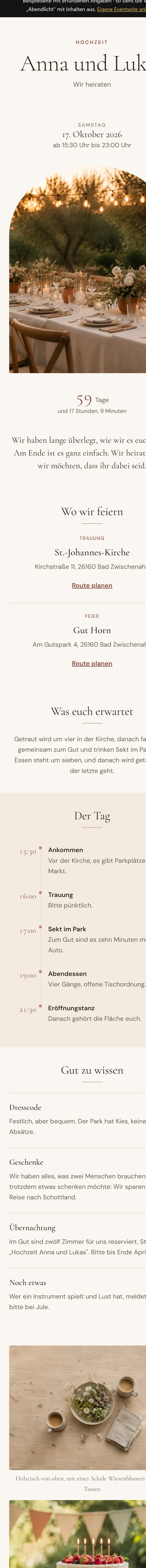 Dieselbe Beispielseite auf dem Telefon: Termin, Orte, Ablauf, Hinweise, Bilder und das Rückmeldeformular untereinander.