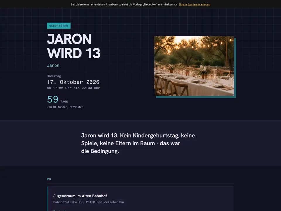 Die Beispielseite in der Vorlage Neonpixel: Neon, Raster, kein Kindergeburtstag