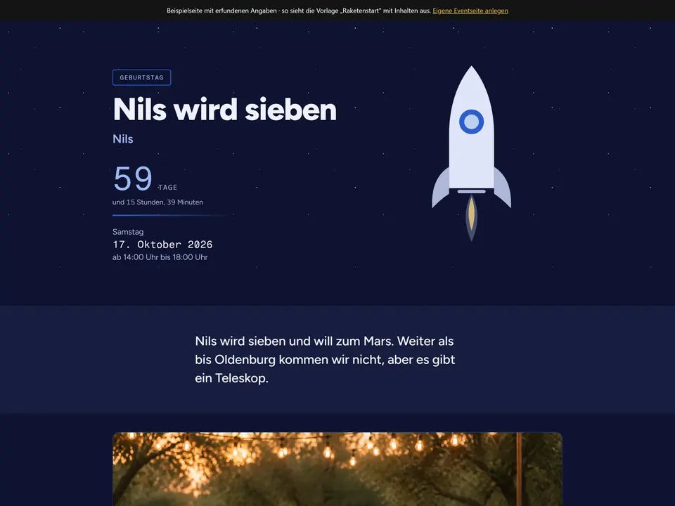 Die Beispielseite in der Vorlage Raketenstart: Weltraum, dunkel, mit Countdown